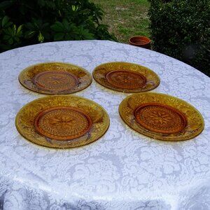 Four Tiara Amber Sandwich Glass Luncheon Plates 8 1/4"